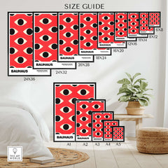 Bauhaus Exhibition Prints - Repeating Eyes Pattern Poster Red Black Cream Art size guide showing various print dimensions.