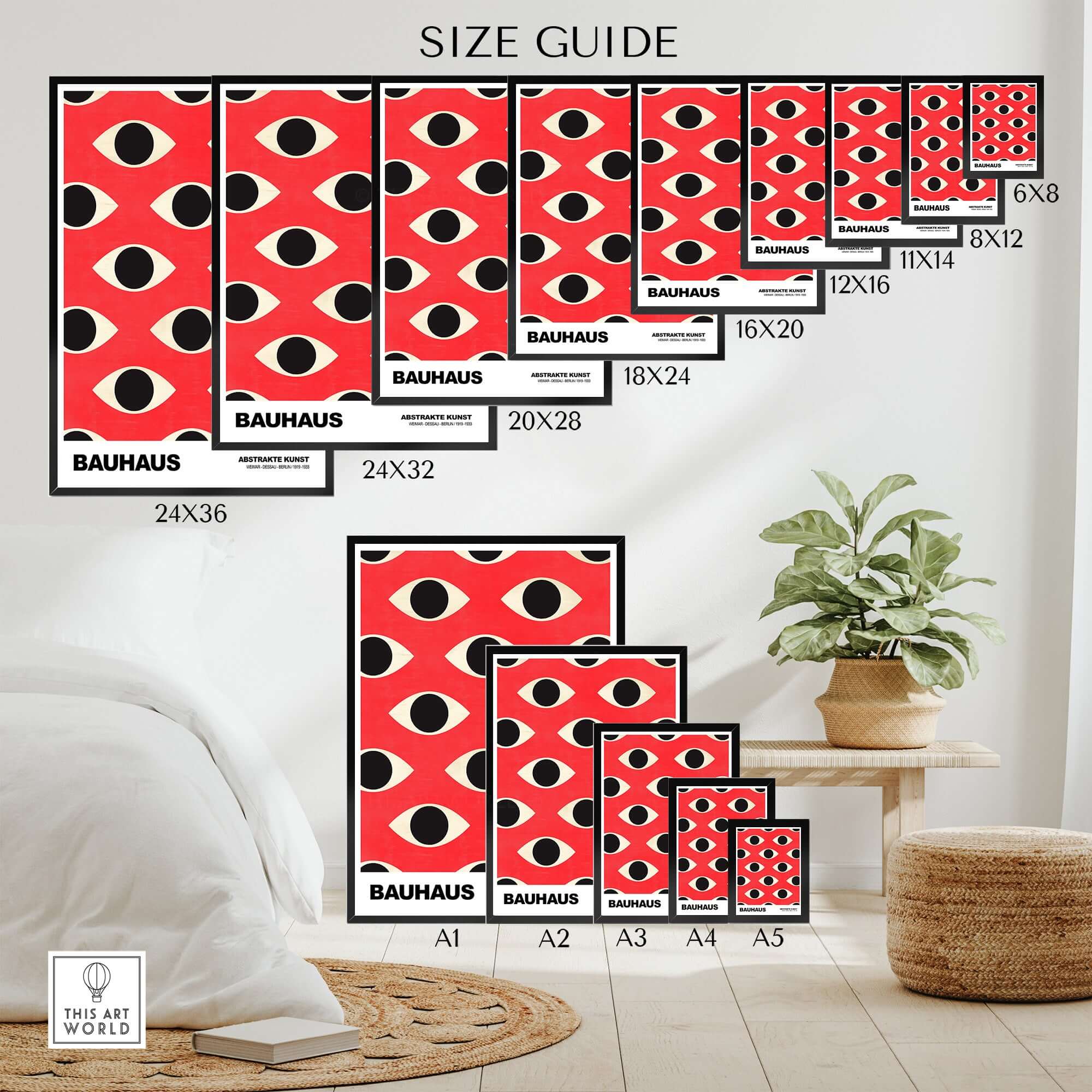 Bauhaus Exhibition Prints - Repeating Eyes Pattern Poster Red Black Cream Art size guide showing various print dimensions.