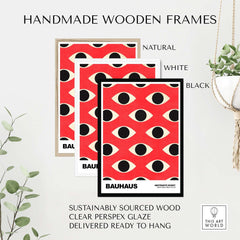 Bauhaus Exhibition Prints - Repeating Eyes Pattern Poster Red Black Cream Art displayed in handmade wooden frames.