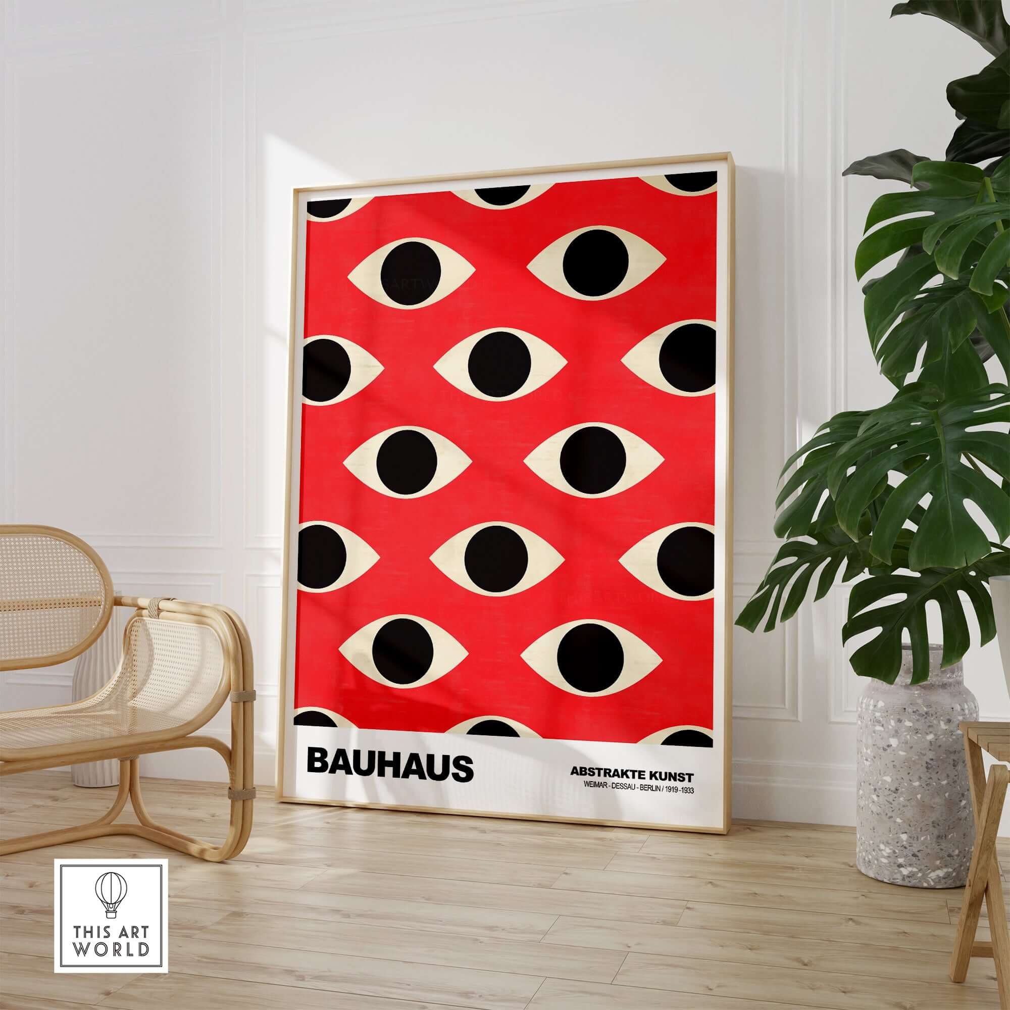 Bauhaus Exhibition Prints - Repeating Eyes Pattern Poster Red Black Cream Art displayed in a modern interior setting.