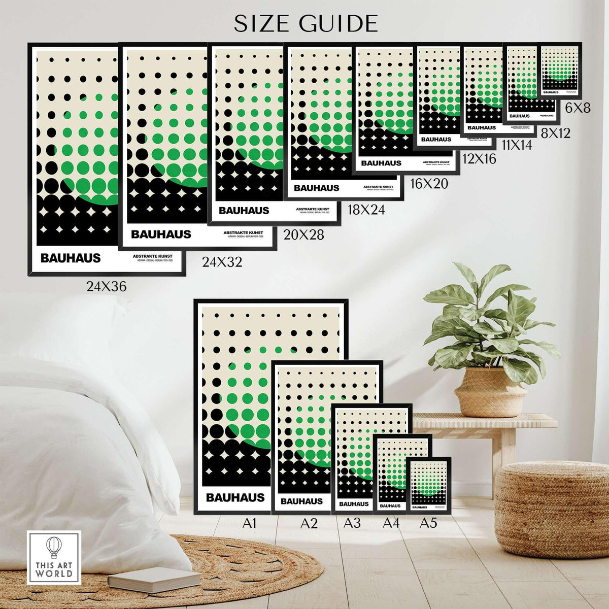 Bauhaus Exhibition Prints - Abstract Circle Pattern Art Print Green Black Dot Gradient size guide showing various poster sizes.
