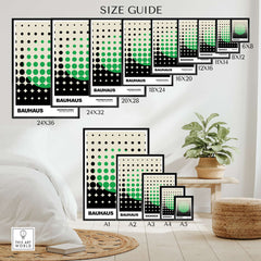 Bauhaus Exhibition Prints - Abstract Circle Pattern Art Print Green Black Dot Gradient size guide showing various poster sizes.