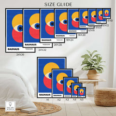 Bauhaus Exhibition Prints - Abstract Eye Circles Poster - Blue Yellow Red Primary Art size guide with various frame sizes.