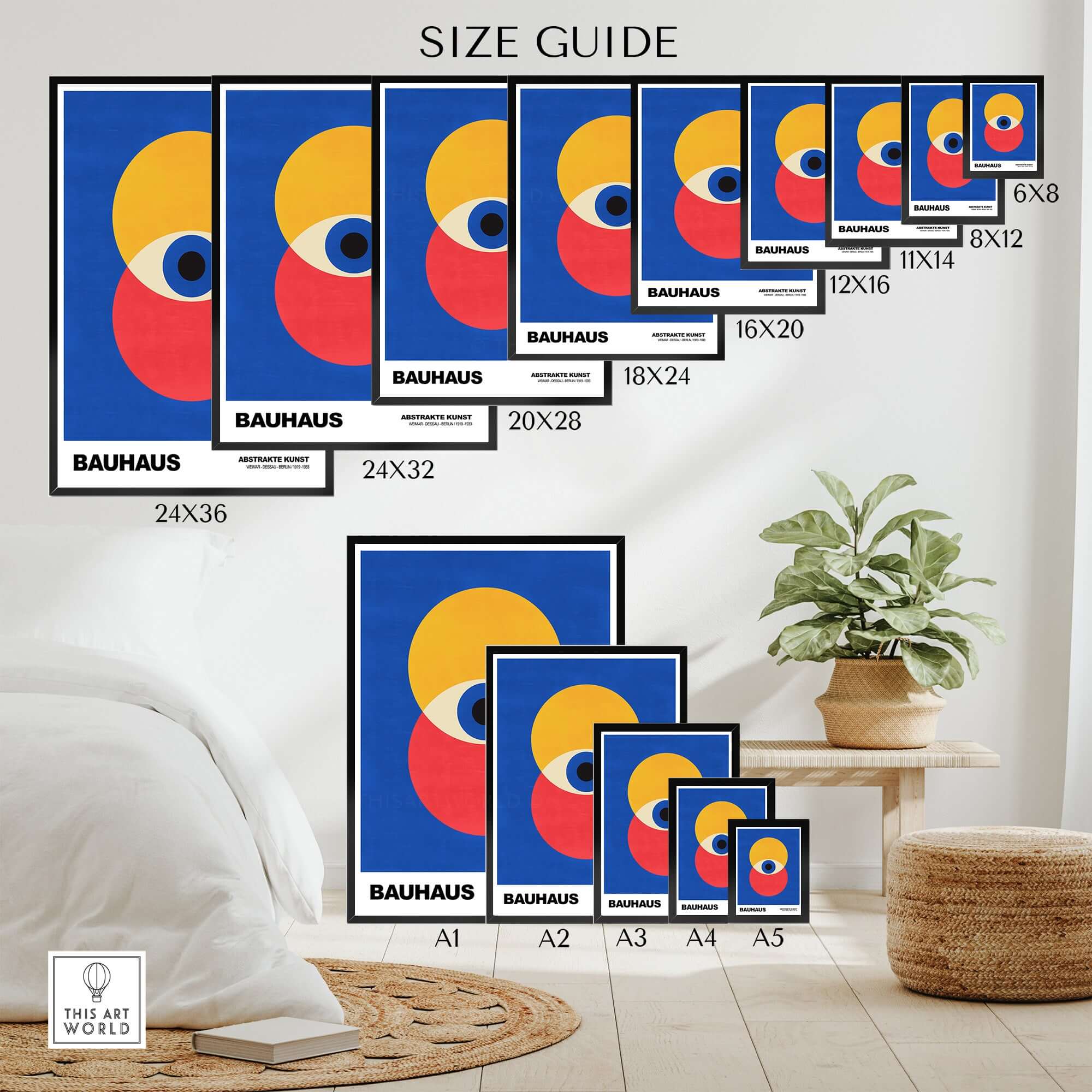 Bauhaus Exhibition Prints - Abstract Eye Circles Poster - Blue Yellow Red Primary Art size guide with various frame sizes.