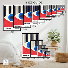 Bauhaus Exhibition Prints - Abstract Eye Art Print Geometric Red Blue Design size guide featuring various dimensions.