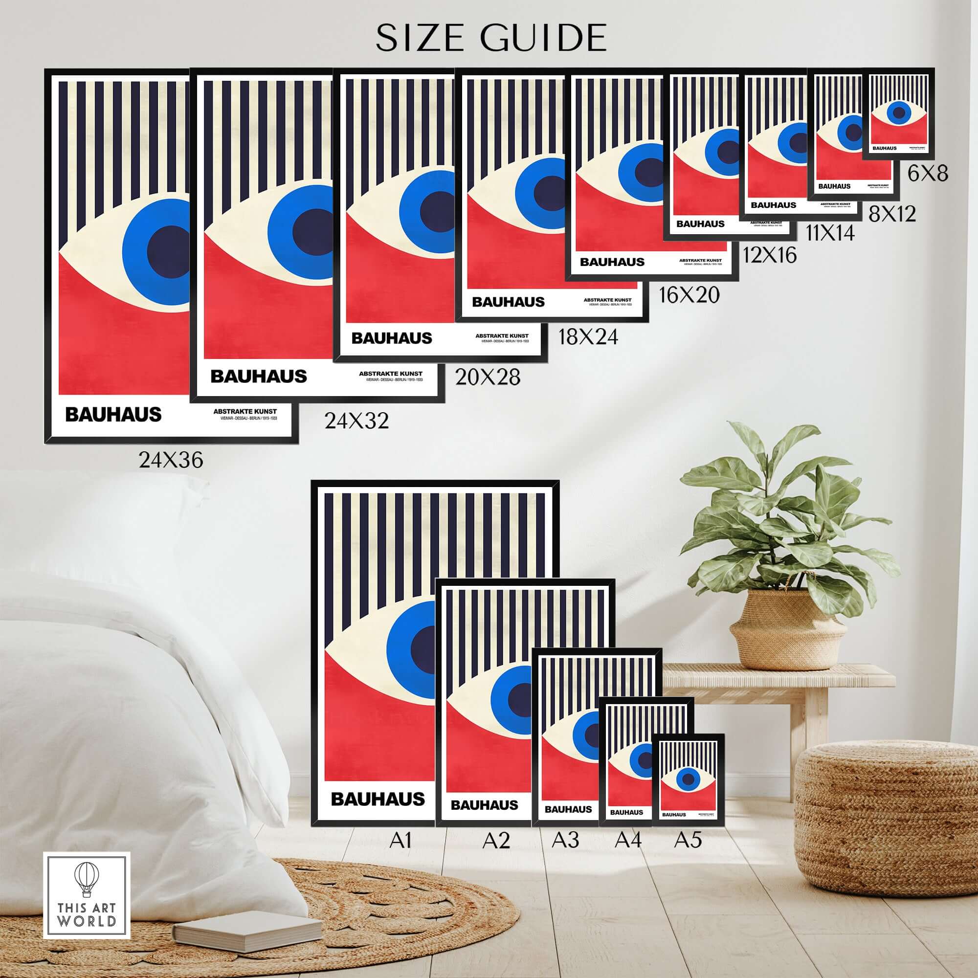 Bauhaus Exhibition Prints - Abstract Eye Art Print Geometric Red Blue Design size guide featuring various dimensions.