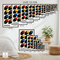 Bauhaus Exhibition Prints - Isometric Cubes Art Print Red Yellow Blue Design size guide display with color and dimensions.
