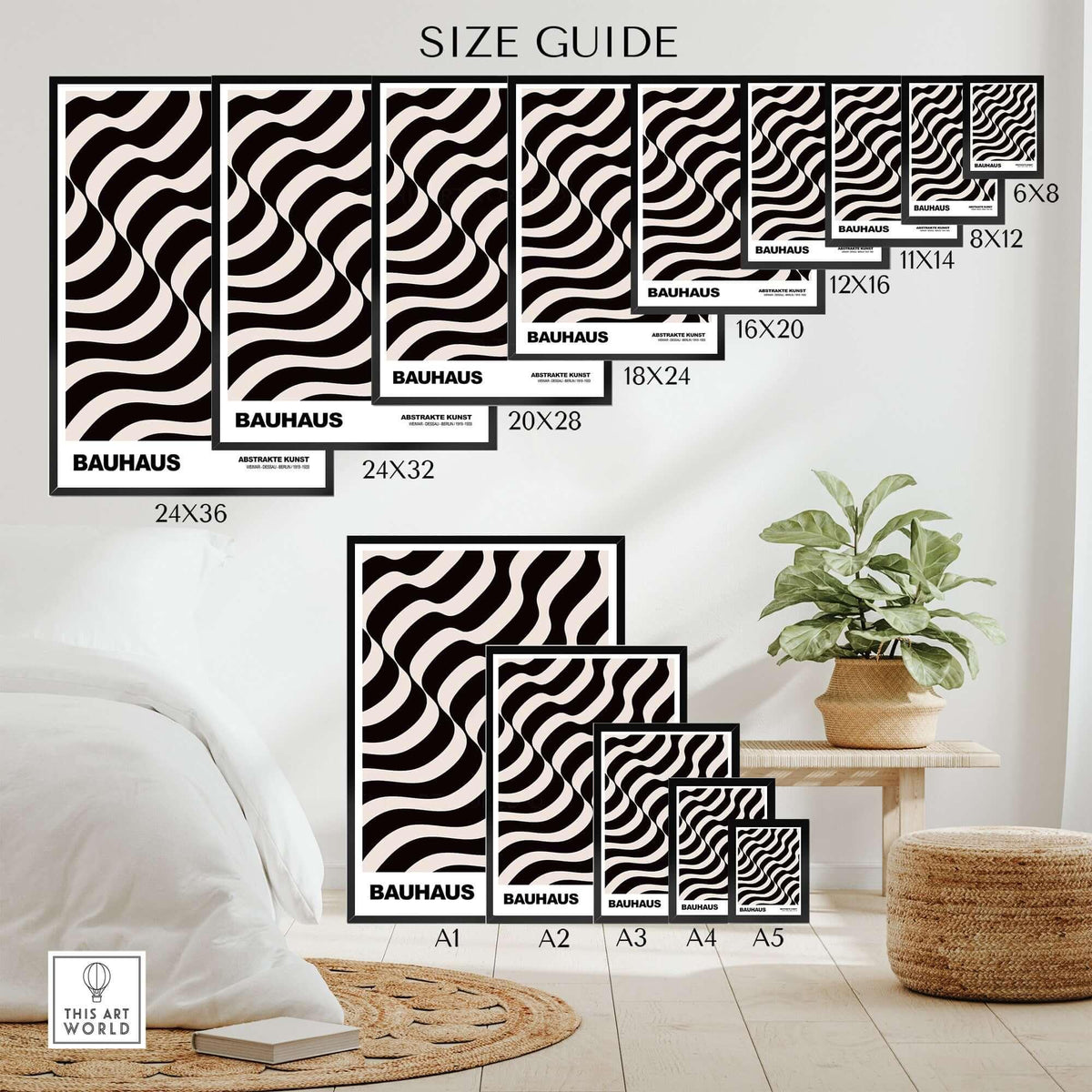 Bauhaus Exhibition Prints - Thick Undulating Waves Poster Black Cream Abstract Art size guide with various dimensions.