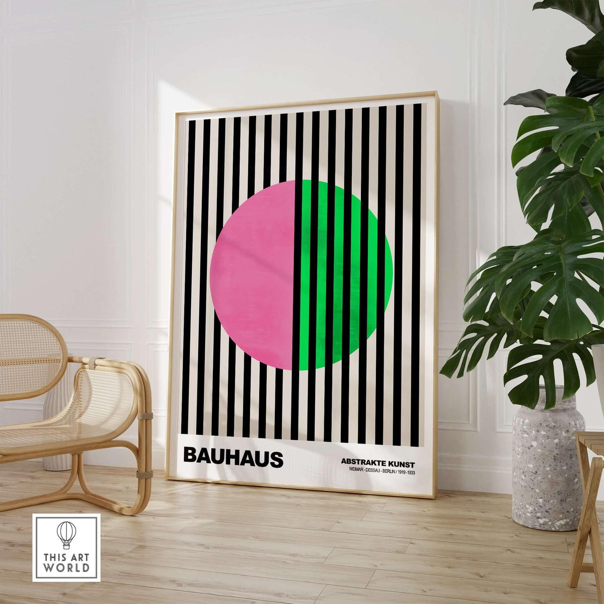 Bauhaus Exhibition Prints - Split Circle Abstract Art Print Pink Green Stripes displayed in a stylish modern interior.