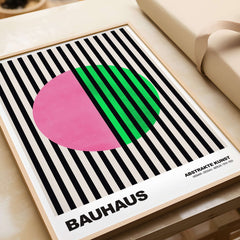 Bauhaus Exhibition Prints - Split Circle Abstract Art Print Pink Green Stripes design with pink circle and green stripes.