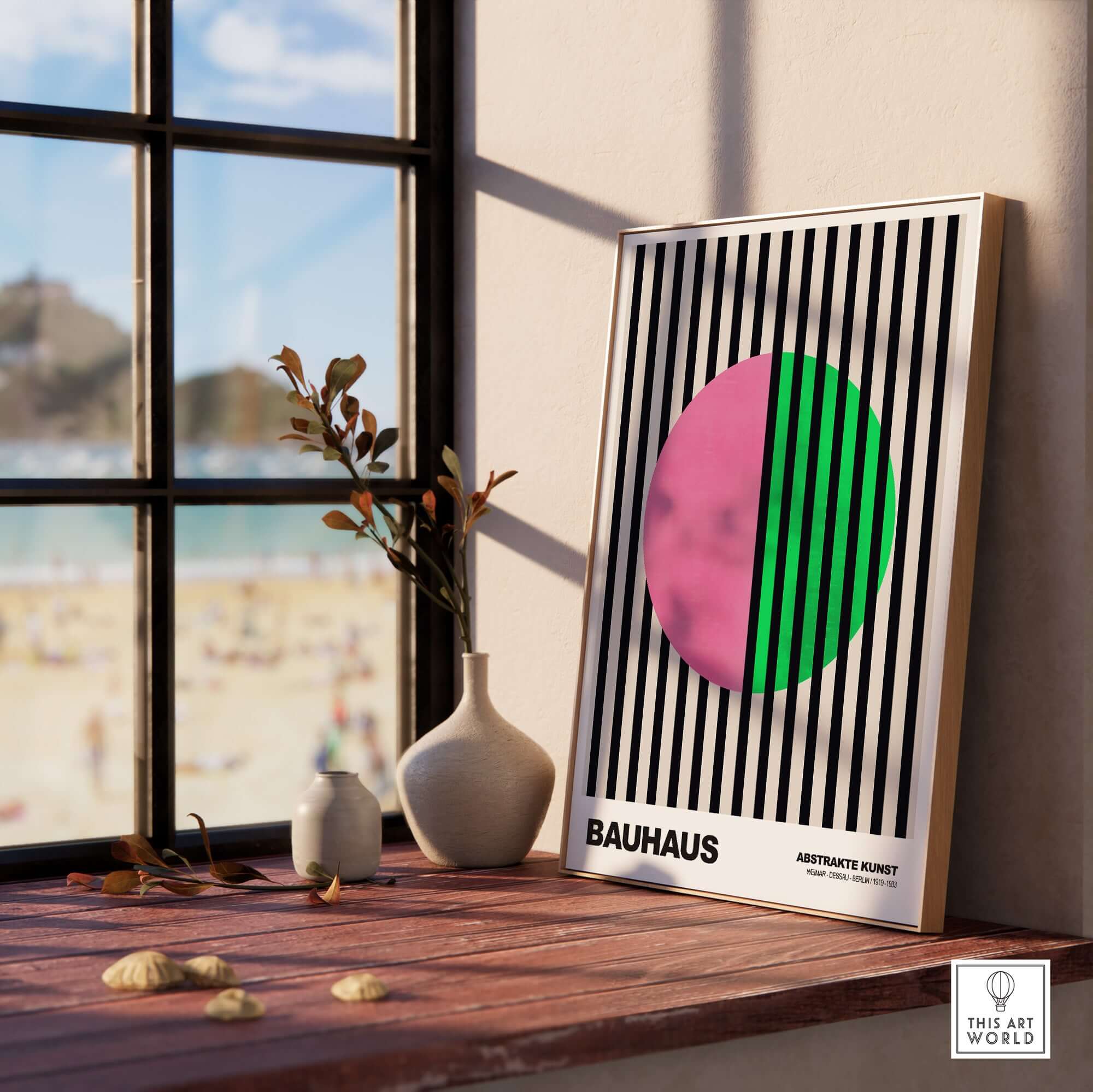 Bauhaus Exhibition Prints - Split Circle Abstract Art Print Pink Green Stripes displayed in a bright interior setting.