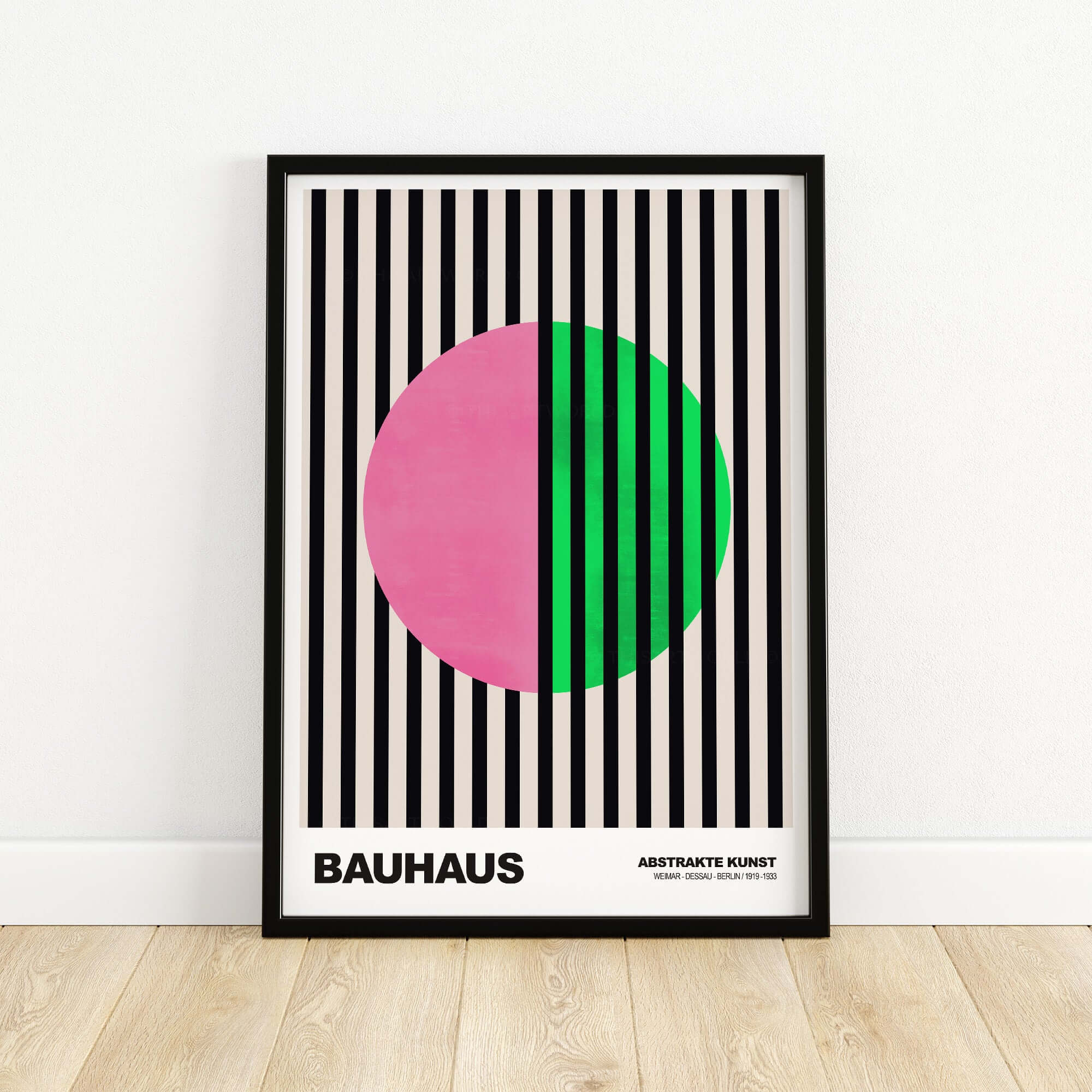 Bauhaus Exhibition Prints - Split Circle Abstract Art Print Pink Green Stripes featuring pink and green circle.
