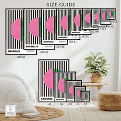 Bauhaus Exhibition Prints - Split Circle Abstract Art Print Pink Green Stripes size guide with various frame sizes.