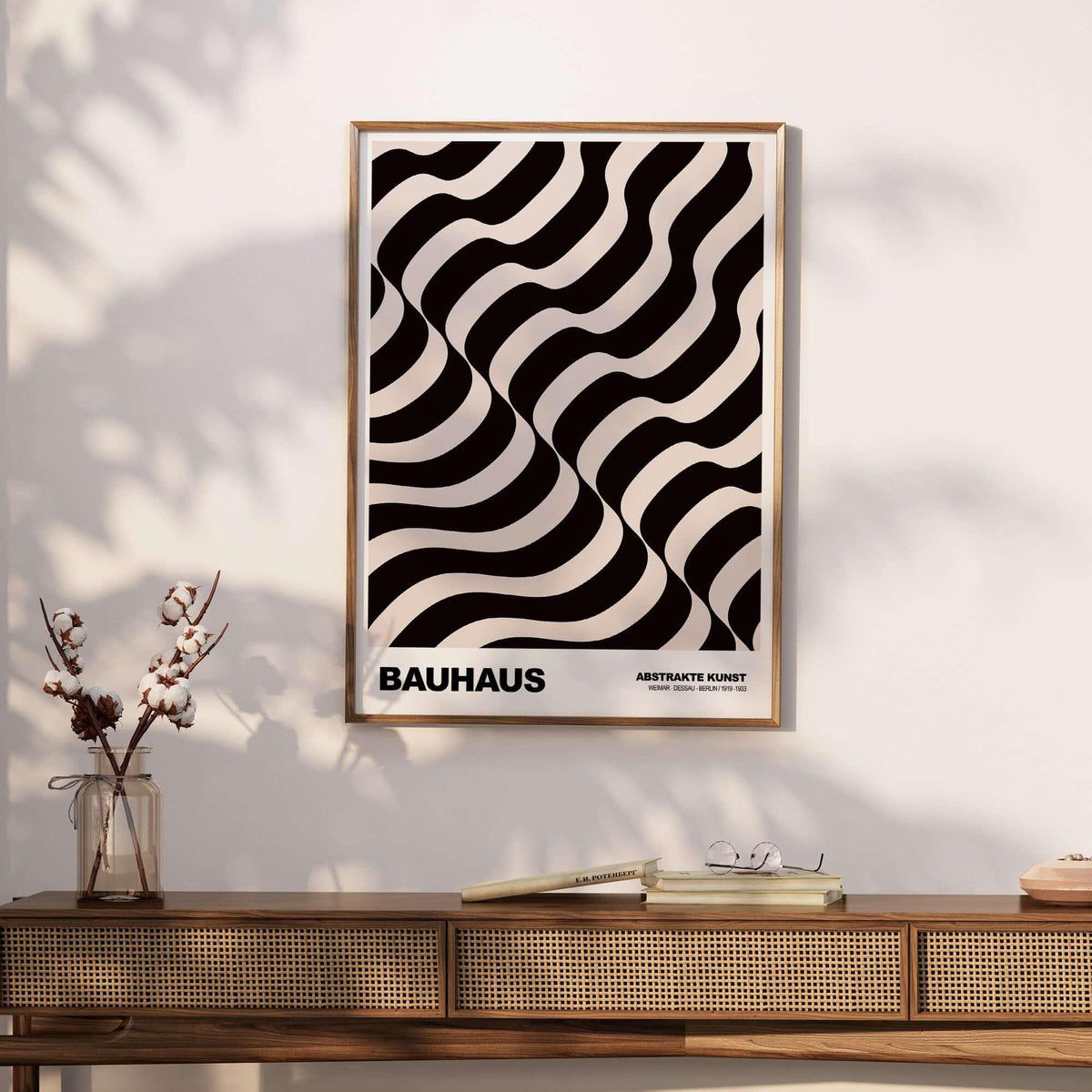Bauhaus Exhibition Prints - Thick Undulating Waves Poster Black Cream Abstract Art framed on a wall with stylish decor.