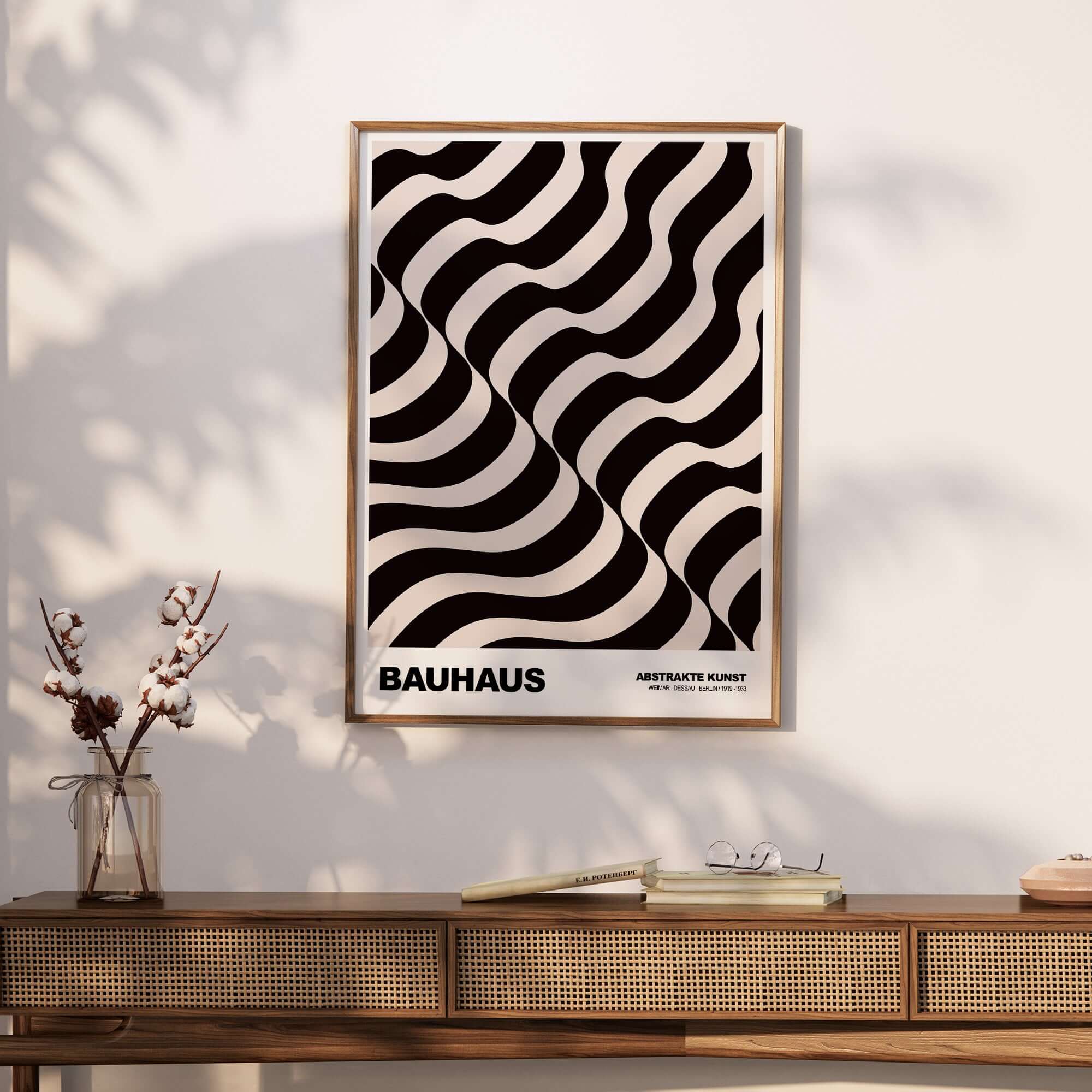 Bauhaus Exhibition Prints - Thick Undulating Waves Poster Black Cream Abstract Art framed on a wall with stylish decor.