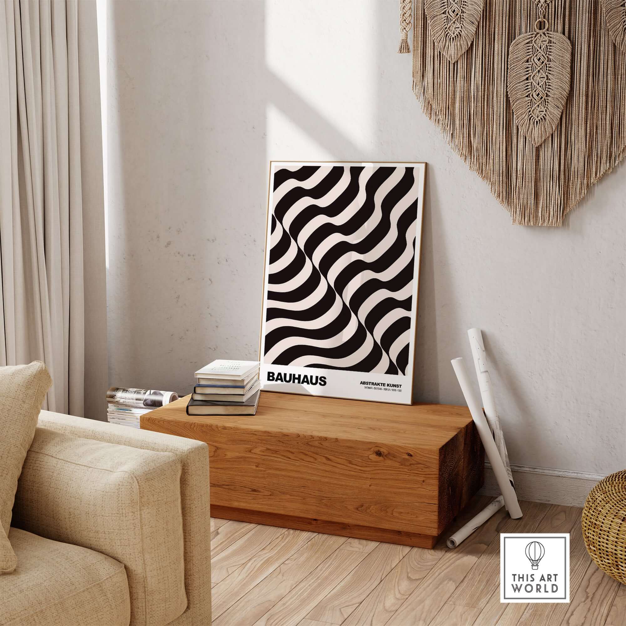 Bauhaus Exhibition Prints - Thick Undulating Waves Poster Black Cream Abstract Art displayed in a stylish room setting.