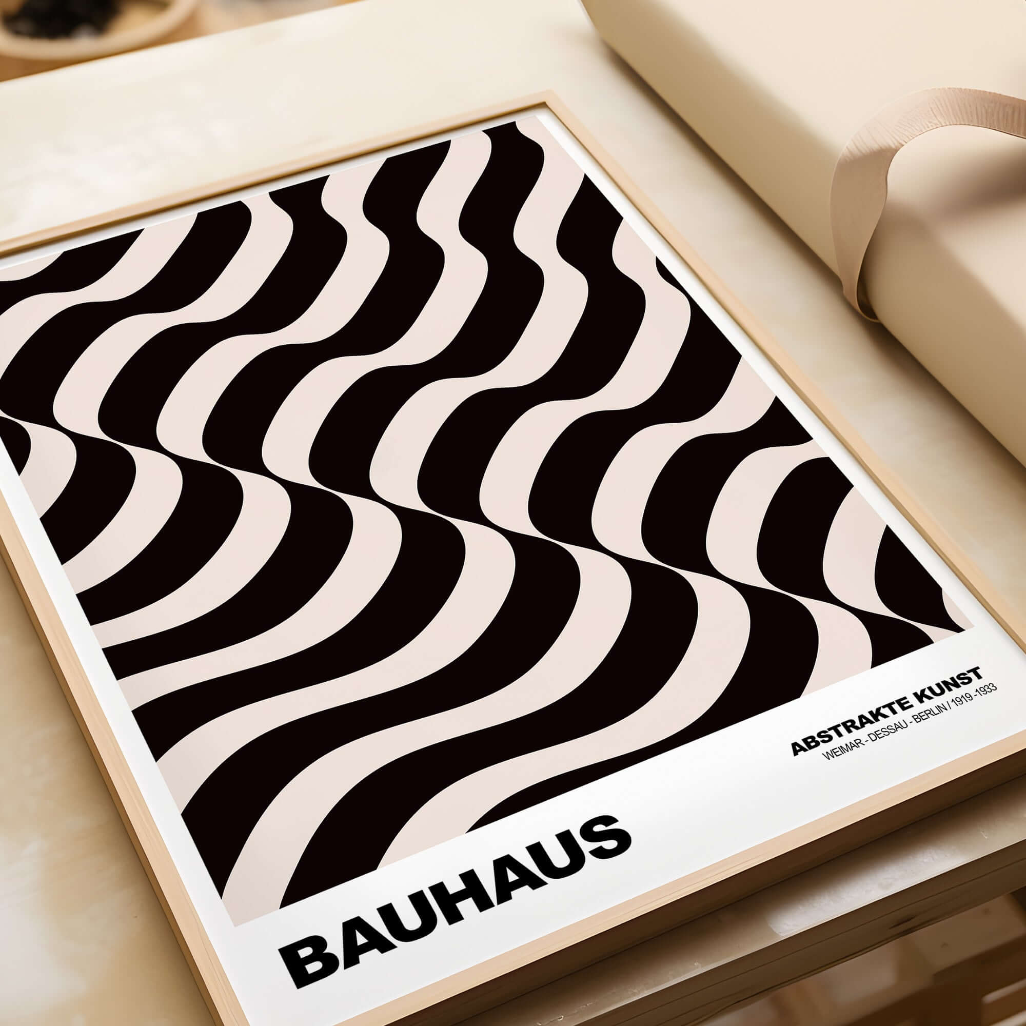 Bauhaus Exhibition Prints - Thick Undulating Waves Poster Black Cream Abstract Art displayed in a stylish frame.