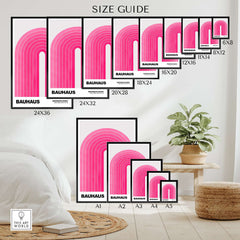 Bauhaus Exhibition Prints - Concentric Pink Arch Poster Minimalist Geometric Art size guide with various print dimensions.