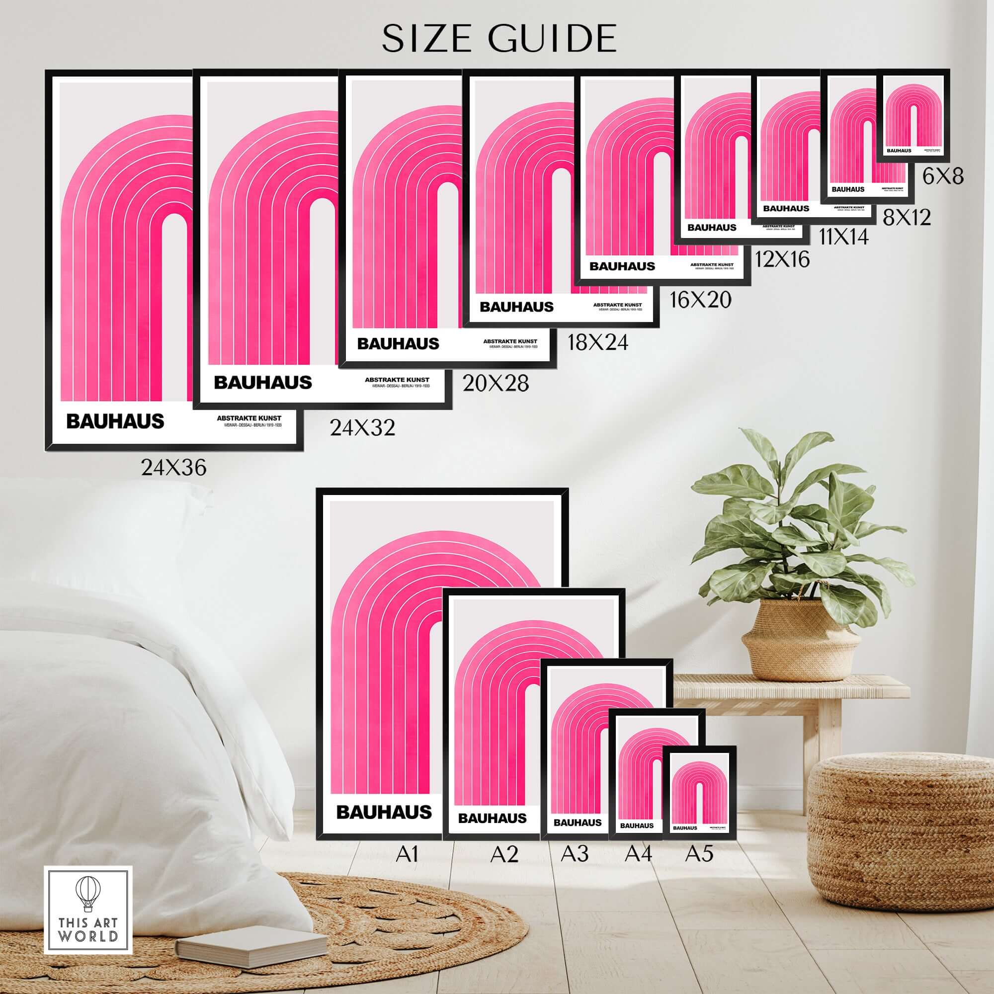 Bauhaus Exhibition Prints - Concentric Pink Arch Poster Minimalist Geometric Art size guide with various print dimensions.