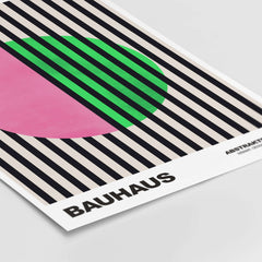 Bauhaus Exhibition Prints - Split Circle Abstract Art Print Pink Green Stripes featuring vibrant pink and green on striped background.