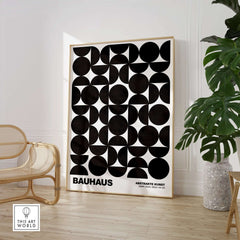 Bauhaus Exhibition Prints - Geometric Circle Shapes Art Print Black White Pattern featuring black geometric shapes on white background.