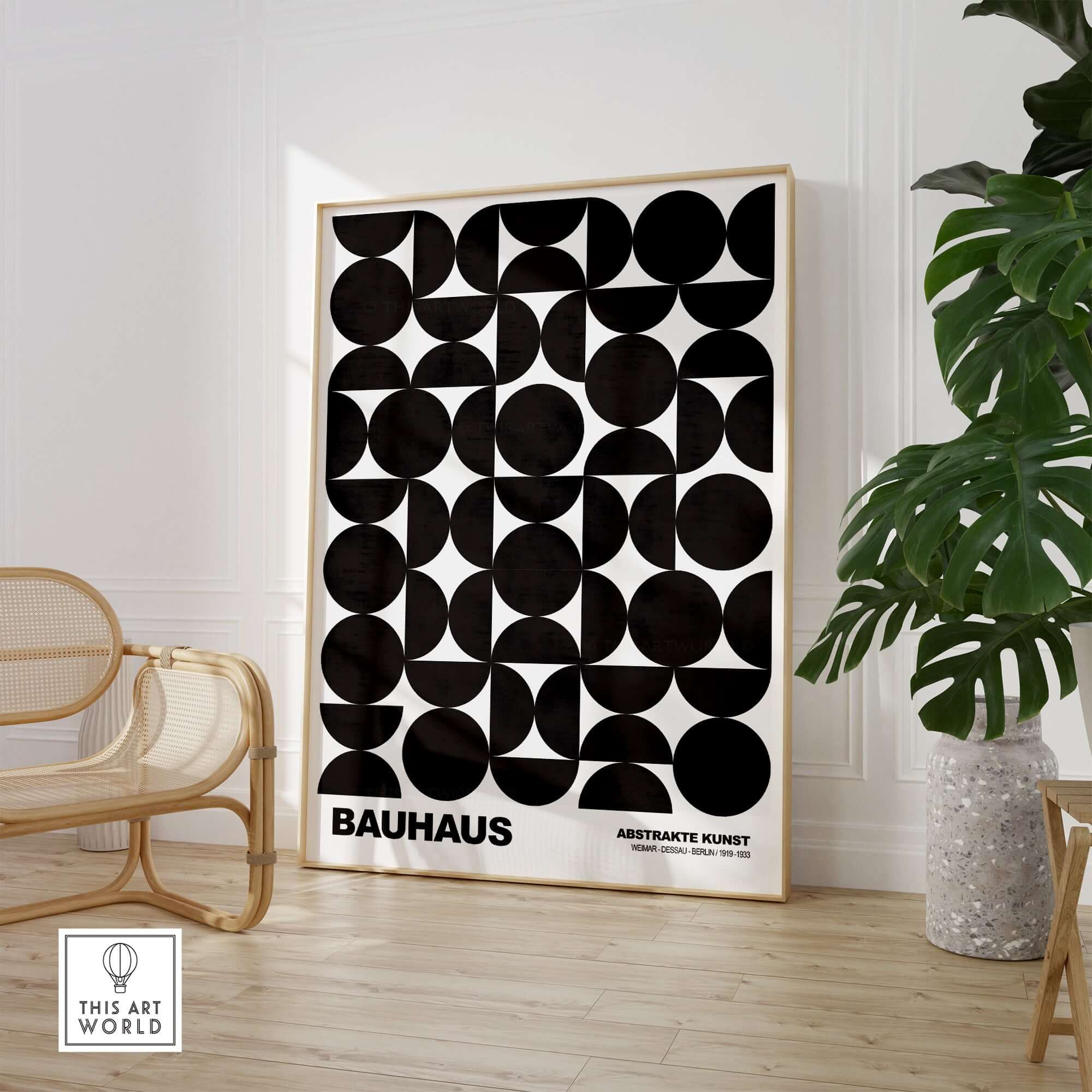 Bauhaus Exhibition Prints - Geometric Circle Shapes Art Print Black White Pattern featuring black geometric shapes on white background.