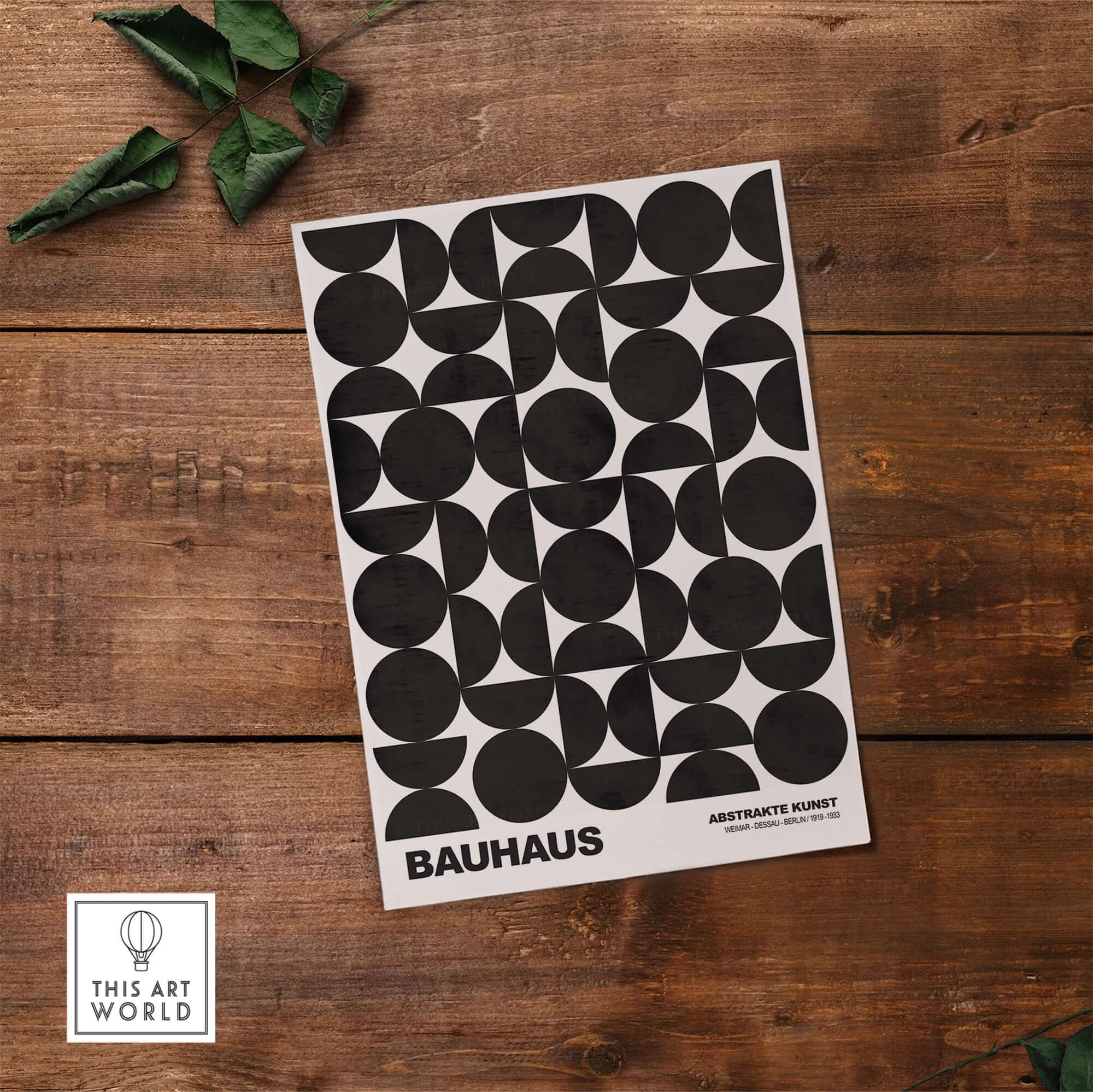 Bauhaus Exhibition Prints - Geometric Circle Shapes Art Print Black White Pattern on wooden background.