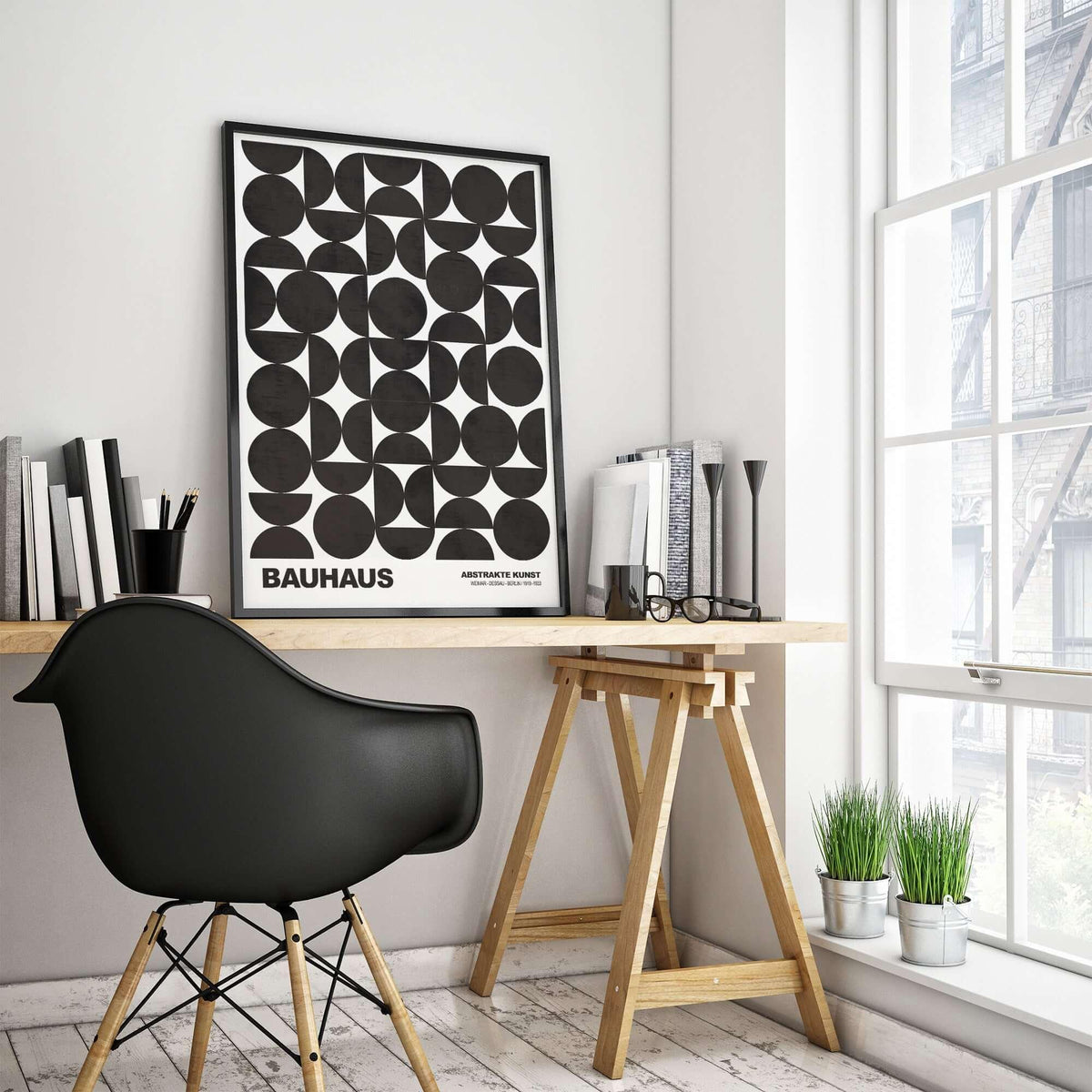 Bauhaus Exhibition Prints - Geometric Circle Shapes Art Print Black White Pattern displayed in a stylish workspace.
