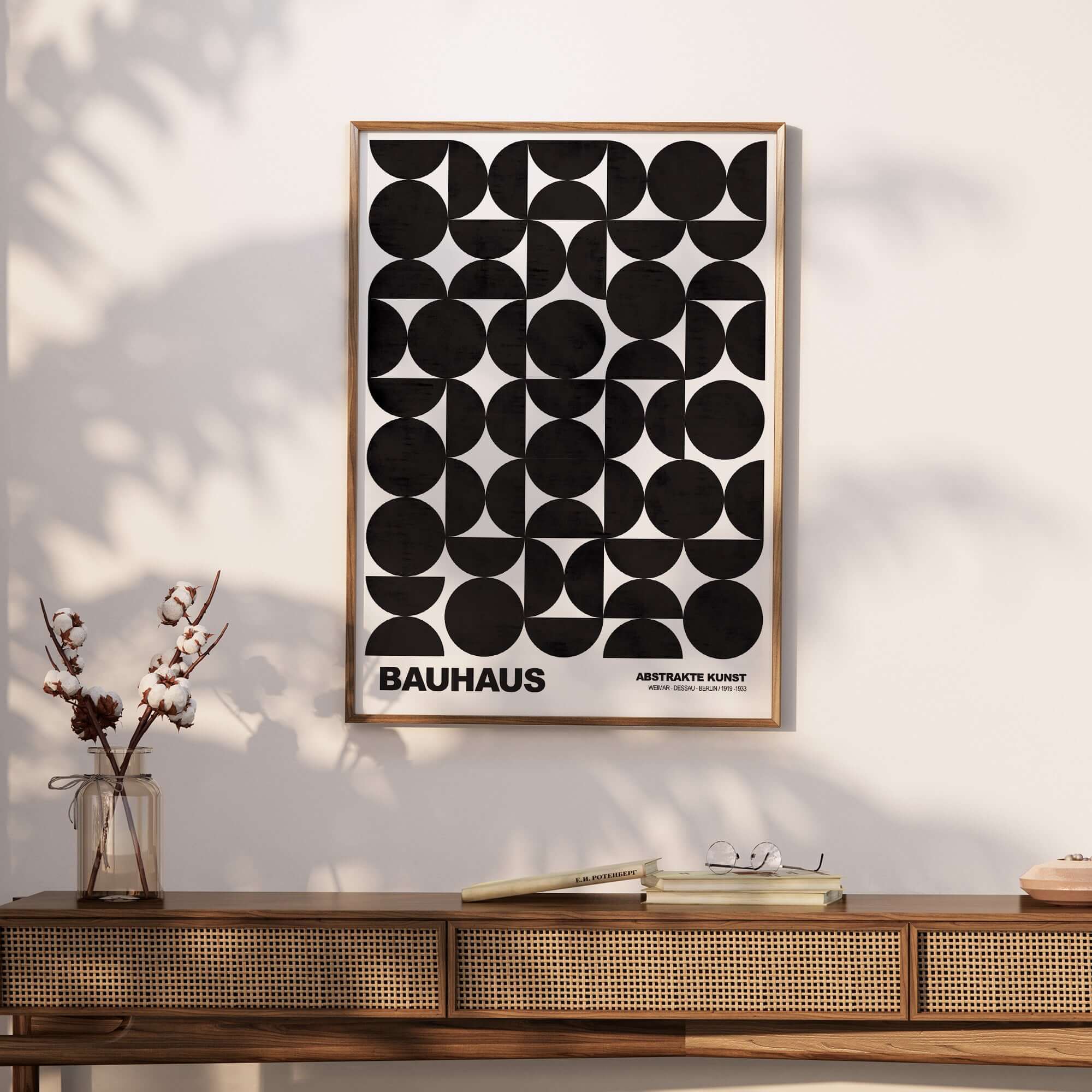 Bauhaus Exhibition Prints - Geometric Circle Shapes Art Print Black White Pattern displayed in a contemporary setting.