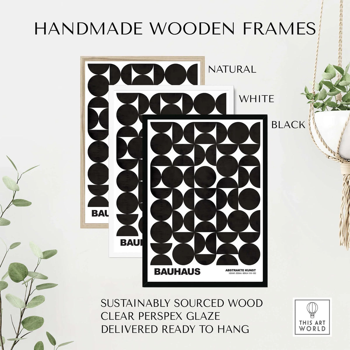 Bauhaus Exhibition Prints - Geometric Circle Shapes Art Print Black White Pattern in handmade wooden frames