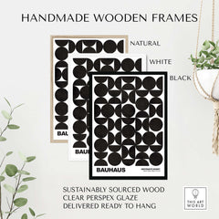 Bauhaus Exhibition Prints - Geometric Circle Shapes Art Print Black White Pattern in handmade wooden frames