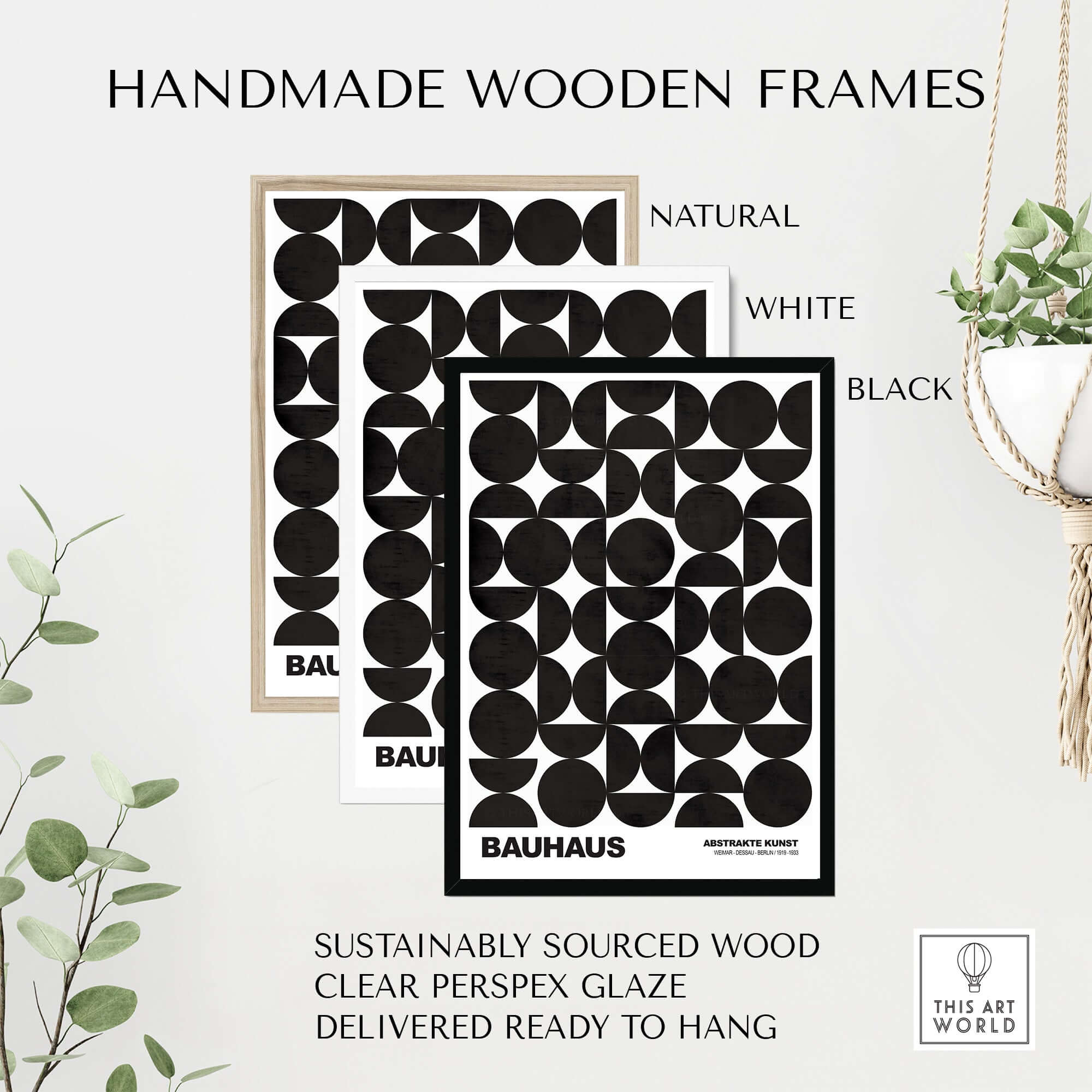 Bauhaus Exhibition Prints - Geometric Circle Shapes Art Print Black White Pattern in handmade wooden frames