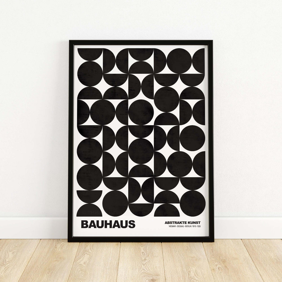 Bauhaus Exhibition Prints - Geometric Circle Shapes Art Print Black White Pattern featuring black geometric shapes on a white background.