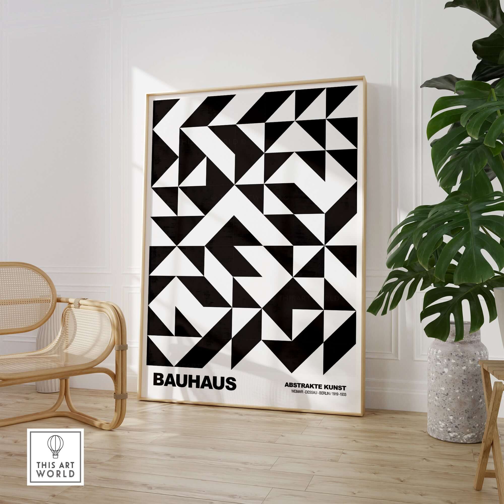 Bauhaus Exhibition Prints - Geometric Triangle Pattern Poster Black White Abstract in a modern interior setting.