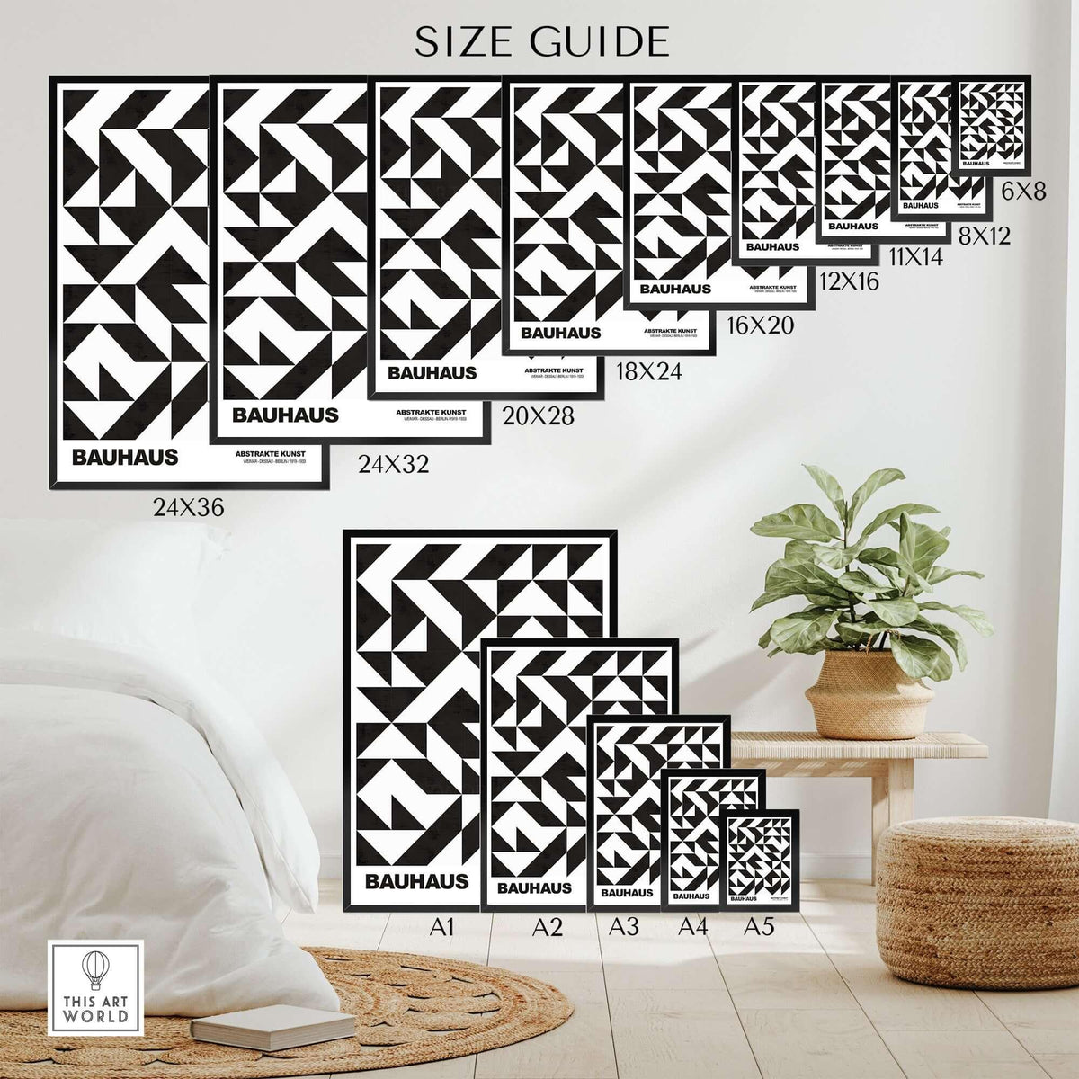 Bauhaus Exhibition Prints - Geometric Triangle Pattern Poster Black White Abstract size guide display with various poster sizes.