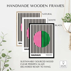 Bauhaus Exhibition Prints - Split Circle Abstract Art Print Pink Green Stripes in handmade wooden frames.