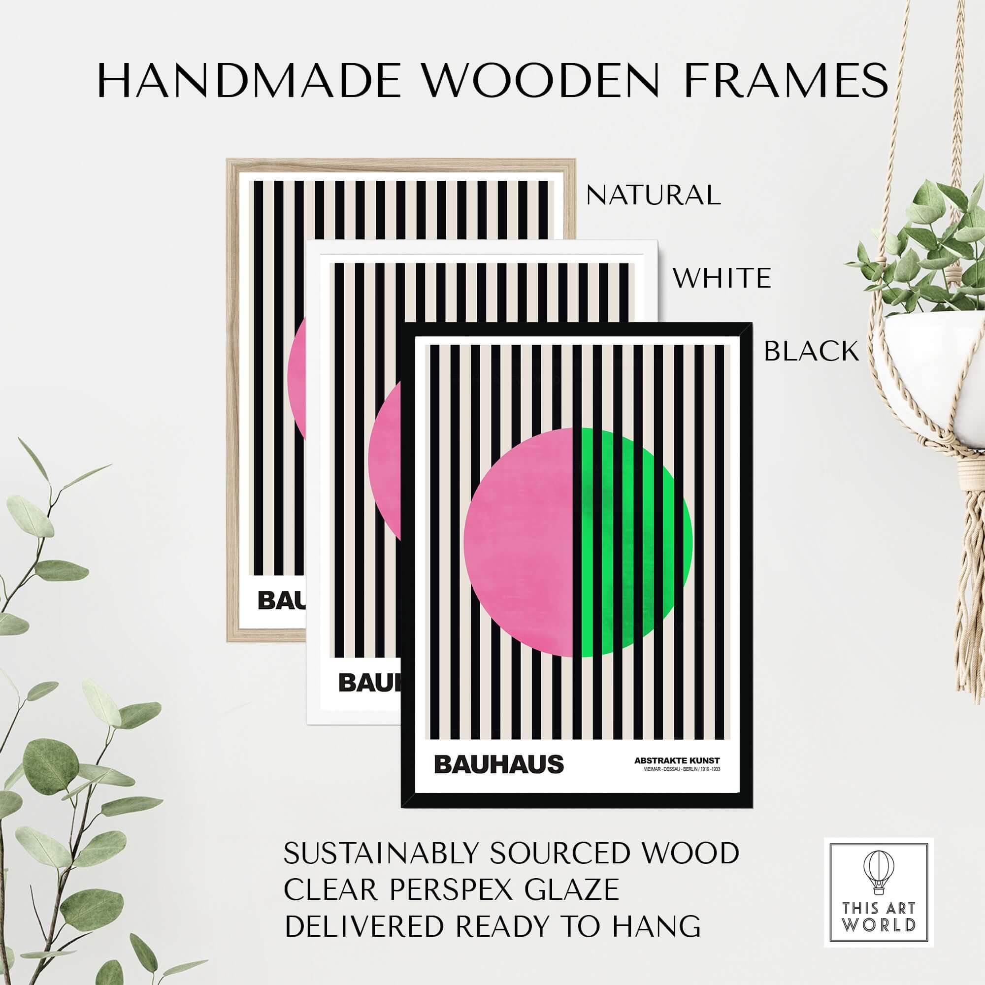 Bauhaus Exhibition Prints - Split Circle Abstract Art Print Pink Green Stripes in handmade wooden frames.