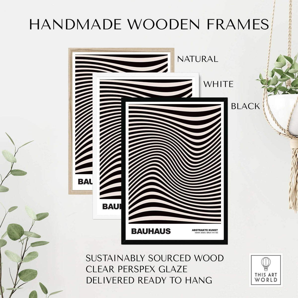 Bauhaus Exhibition Prints -  Optical Wave Lines Art Print Black Cream Abstract in handmade wooden frames.