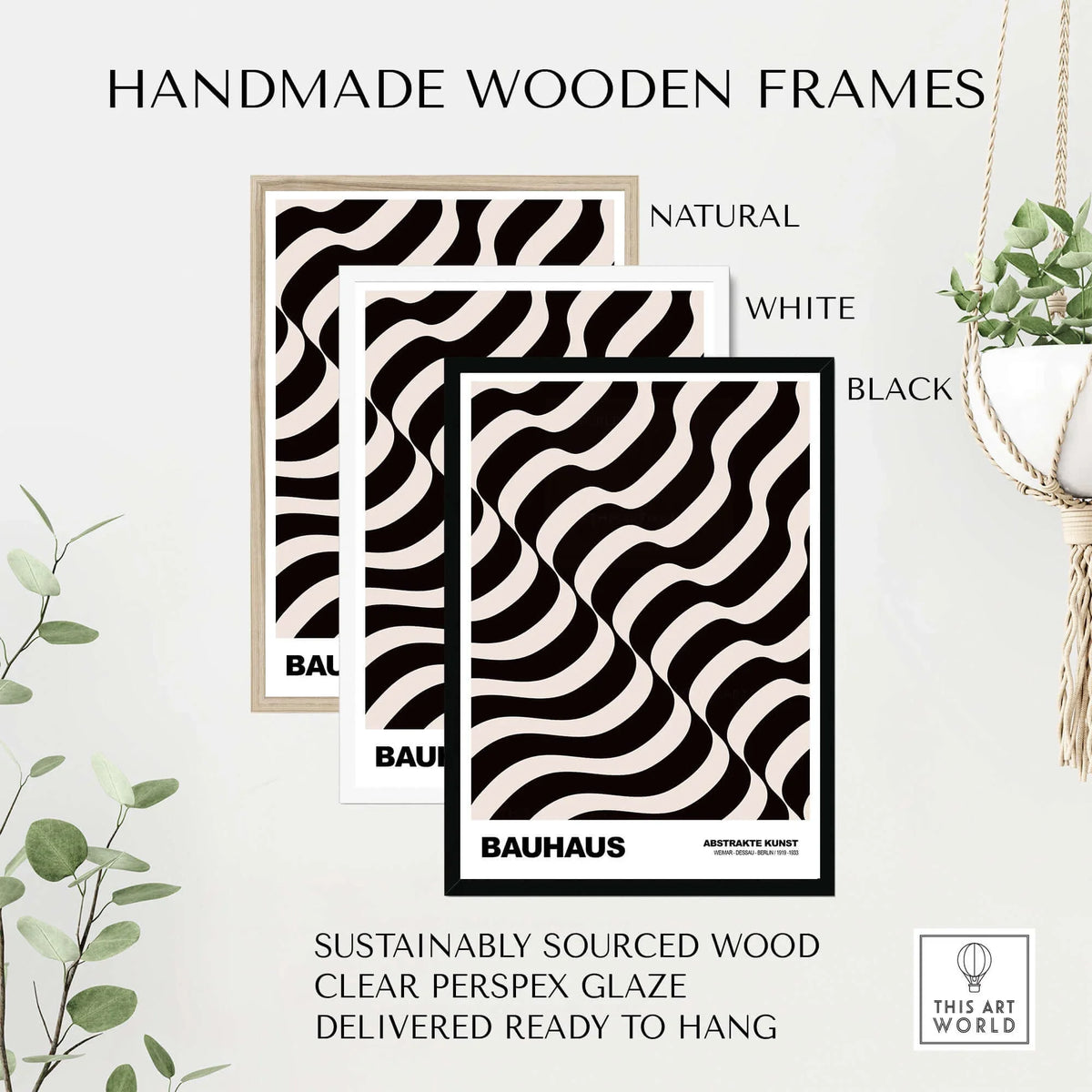 Bauhaus Exhibition Prints - Thick Undulating Waves Poster Black Cream Abstract Art displayed in handmade wooden frames.