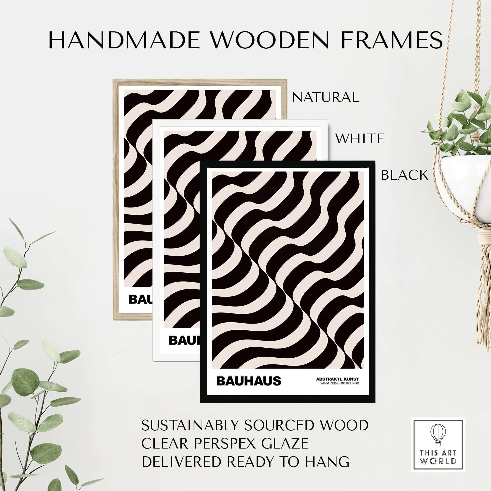 Bauhaus Exhibition Prints - Thick Undulating Waves Poster Black Cream Abstract Art displayed in handmade wooden frames.