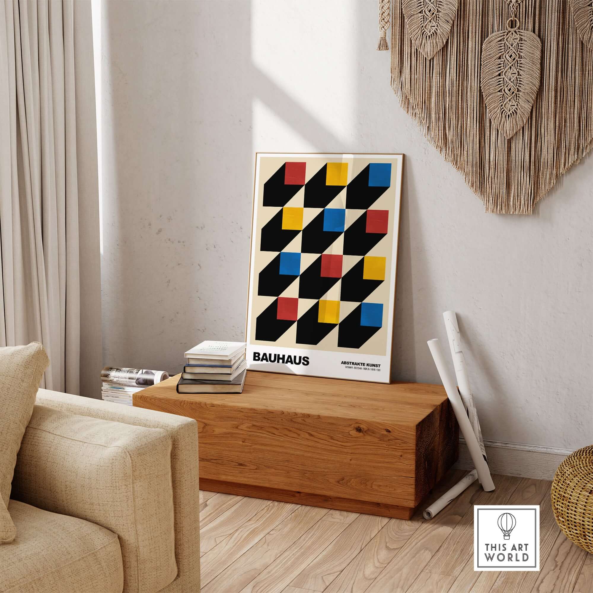 Bauhaus Exhibition Prints - Isometric Cubes Art Print Red Yellow Blue Design displayed in a stylish living room setting.