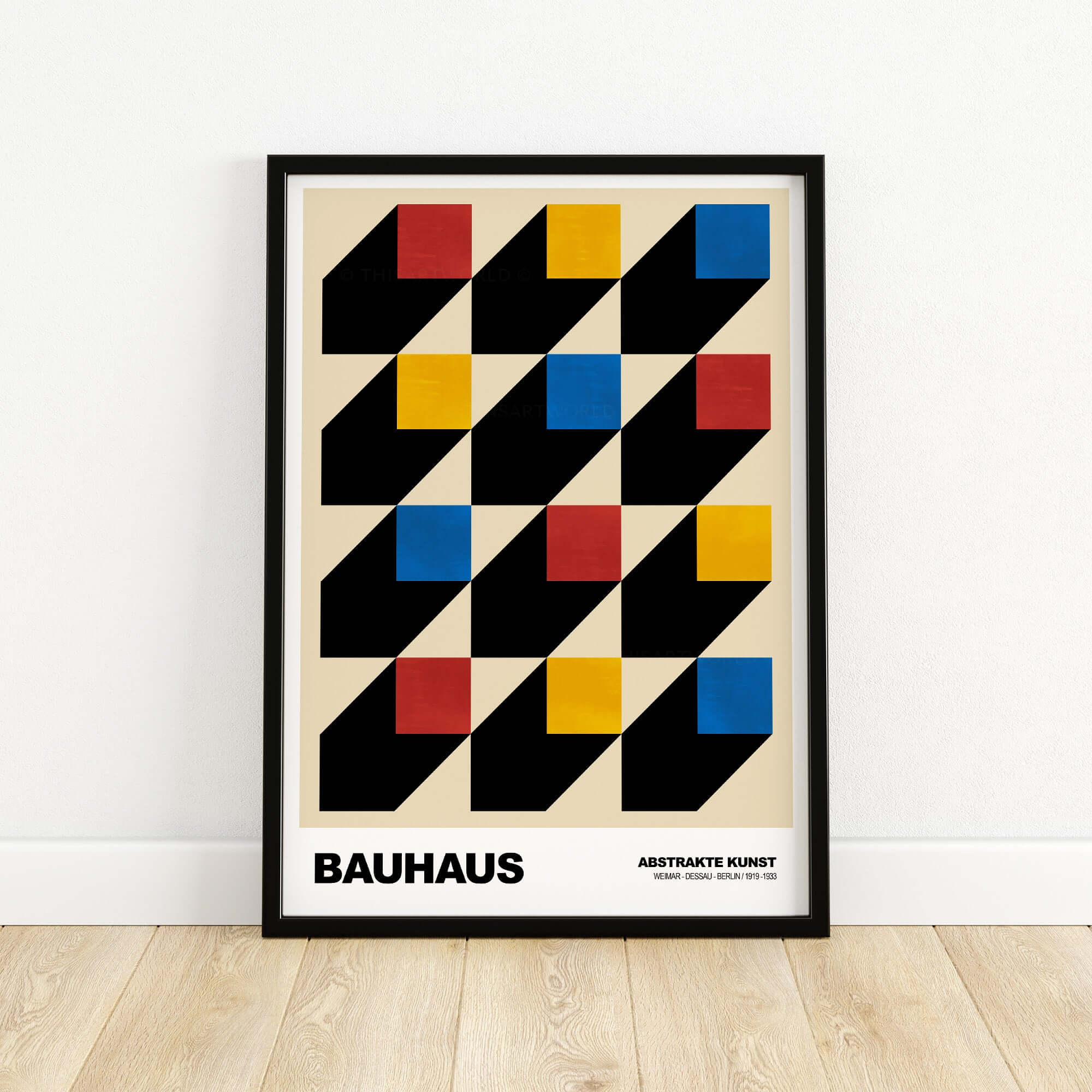 Bauhaus Exhibition Prints - Isometric Cubes Art Print Red Yellow Blue Design featuring geometric shapes and vibrant colors.