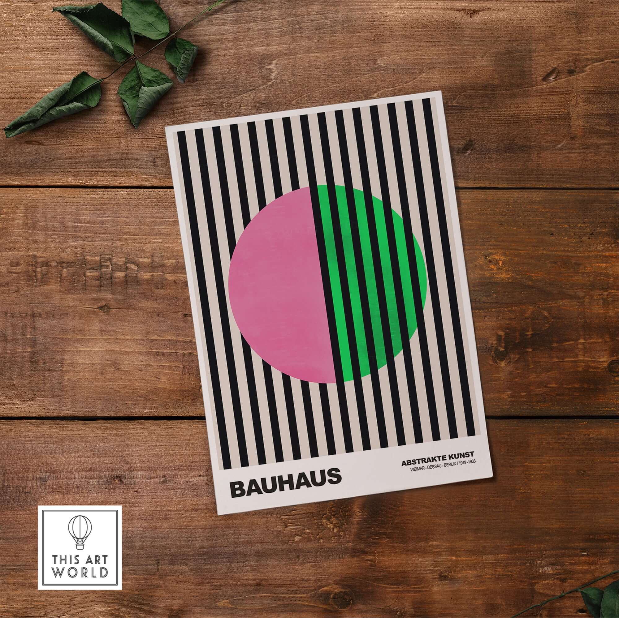 Bauhaus Exhibition Prints - Split Circle Abstract Art Print Pink Green Stripes on wooden background.