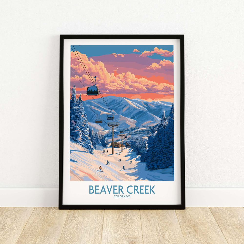 Beaver Creek Colorado chairlift scene poster showcasing vibrant winter sunset and ski slopes.