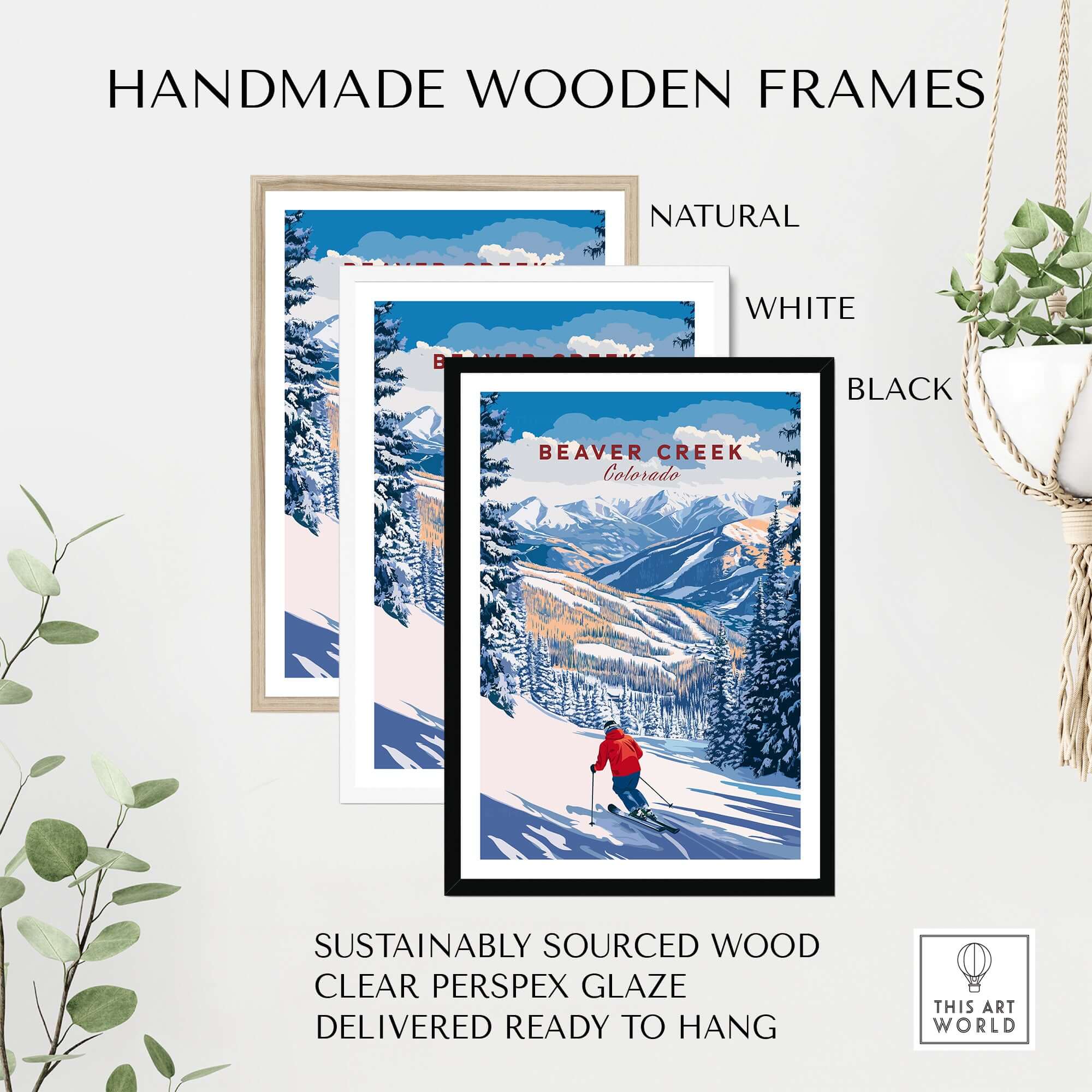 Beaver Creek Colorado Downhill Skier Poster - Winter Sports Wall Art displayed in handmade wooden frames in natural, white, and black finishes.