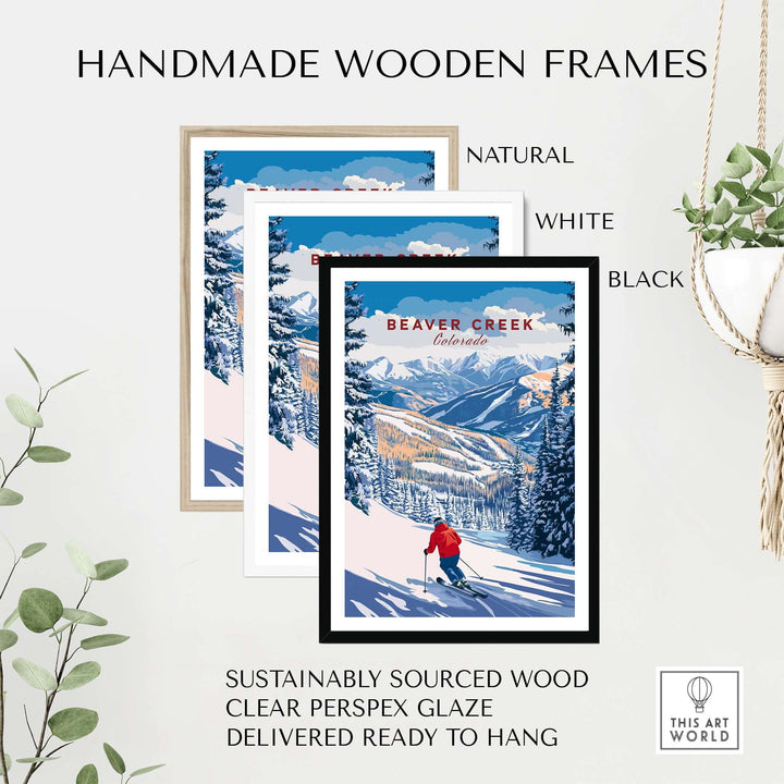 Beaver Creek Colorado downhill skier poster in natural, white, and black handmade frames with alpine scenery.