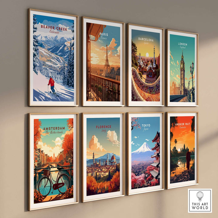 Gallery of travel posters featuring Beaver Creek, Paris, Barcelona, London, Amsterdam, Florence, Tokyo, and Angkor Wat.