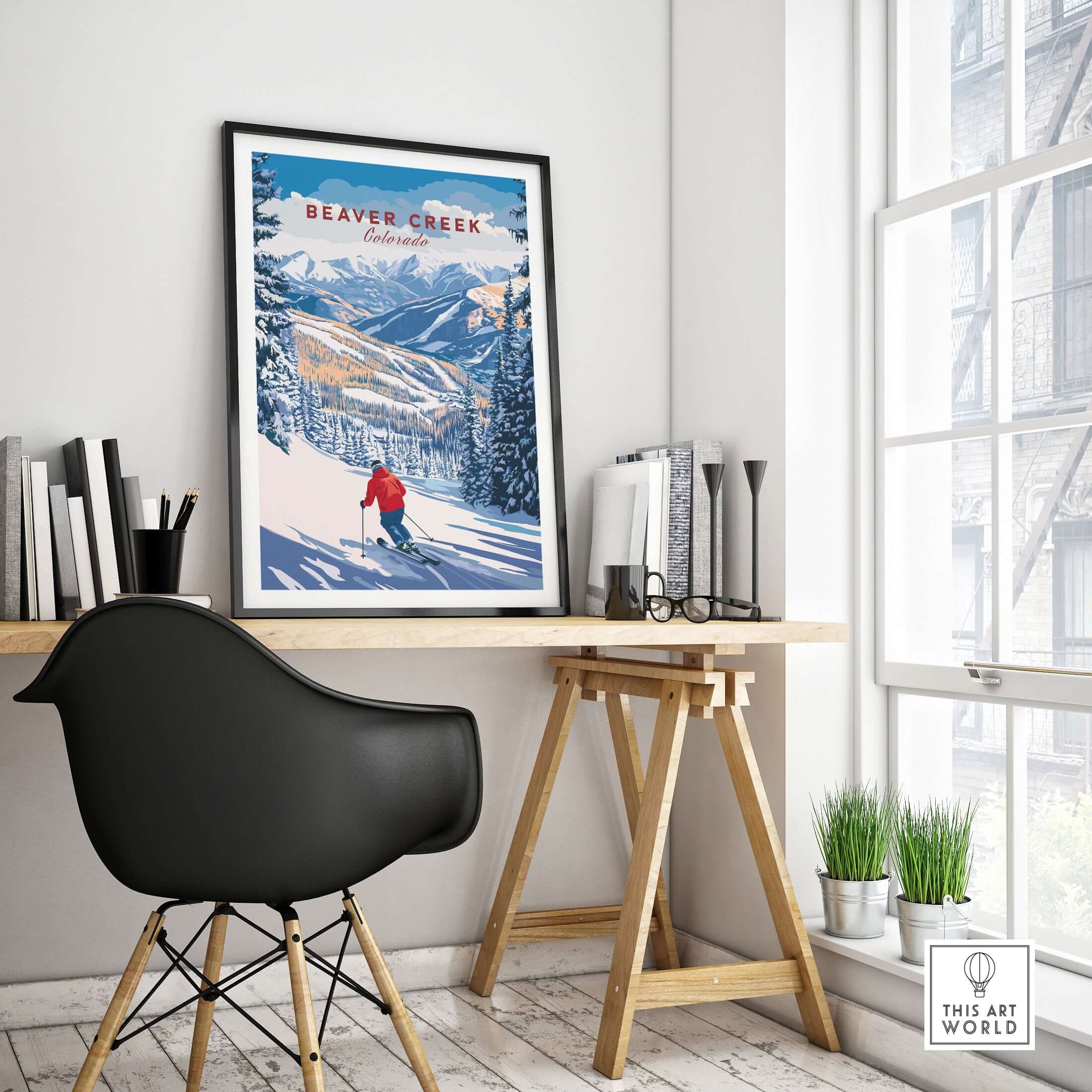 Beaver Creek Colorado Downhill Skier Poster - Winter Sports Wall Art framed in a modern office setting with a stylish chair.