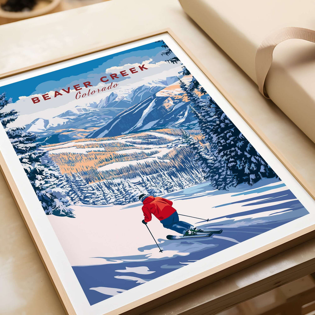 Beaver Creek Colorado downhill skier poster showcasing snowy mountains and vibrant winter sports scene.