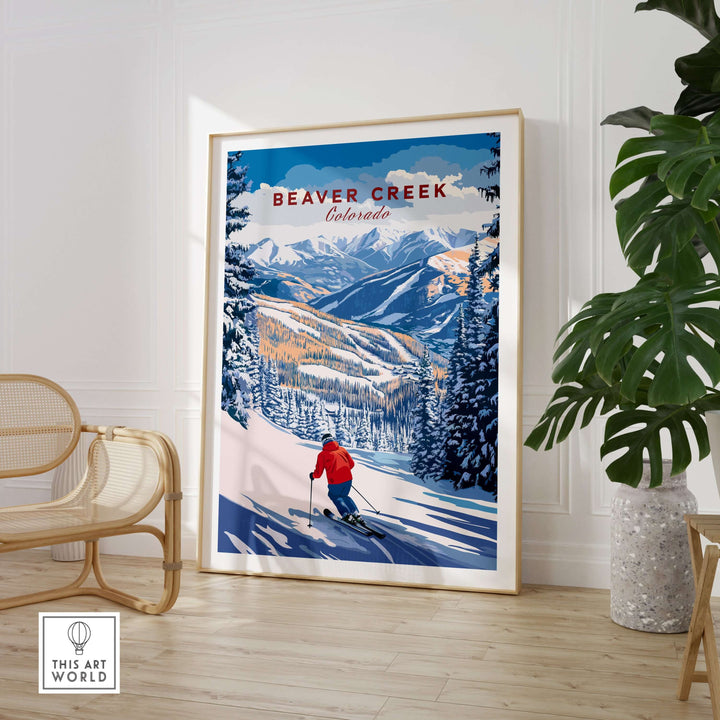 Beaver Creek Colorado downhill skier poster showcasing vibrant winter sports art in a stylish interior setting.